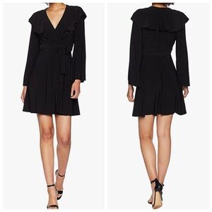 NWOT Taylor Women's Black Ruffle-Trim Bell-Sleeve Jersey Wrap Dress Size 6
